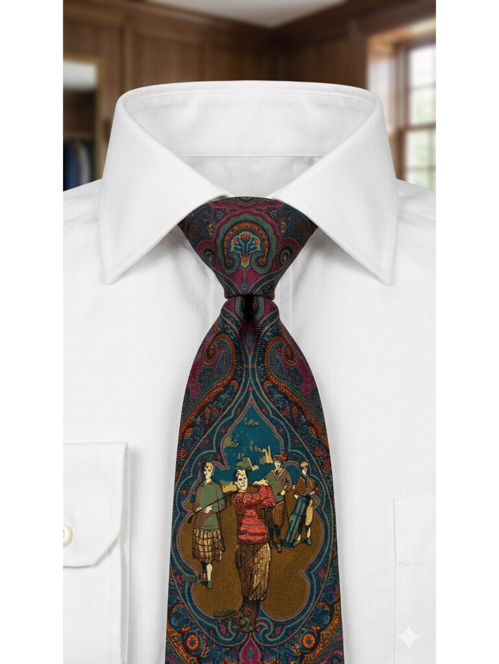 Polo Ralph Lauren Silk Tie Paisley Golf Scene Motif Made In USA Archival Vintage